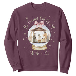 Nativity Scene Christmas Sweatshirt The Greatest Gift of All Christian Coquette Bow Matthew 1:21 TS10 Maroon Print Your Wear