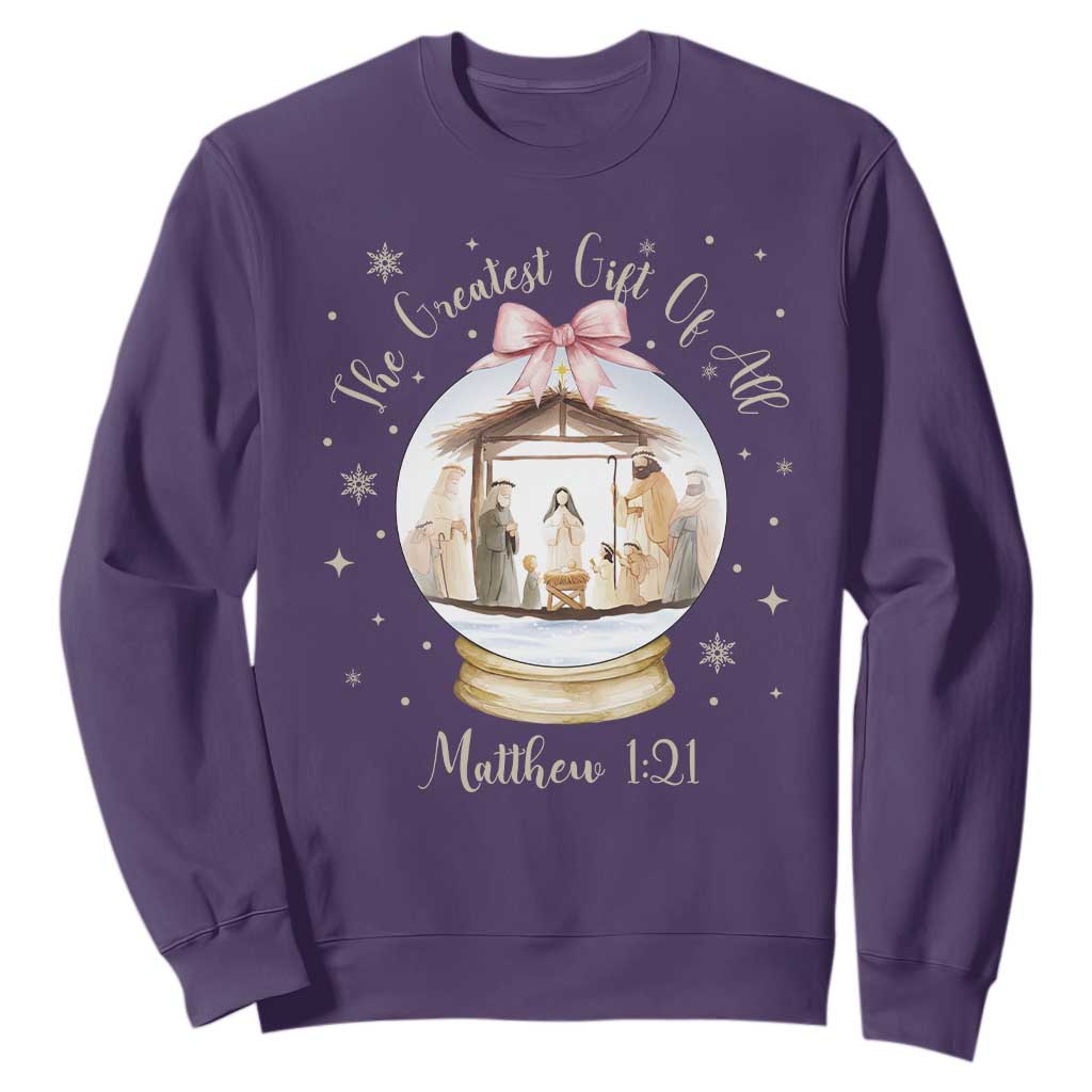 Nativity Scene Christmas Sweatshirt The Greatest Gift of All Christian Coquette Bow Matthew 1:21 TS10 Purple Print Your Wear