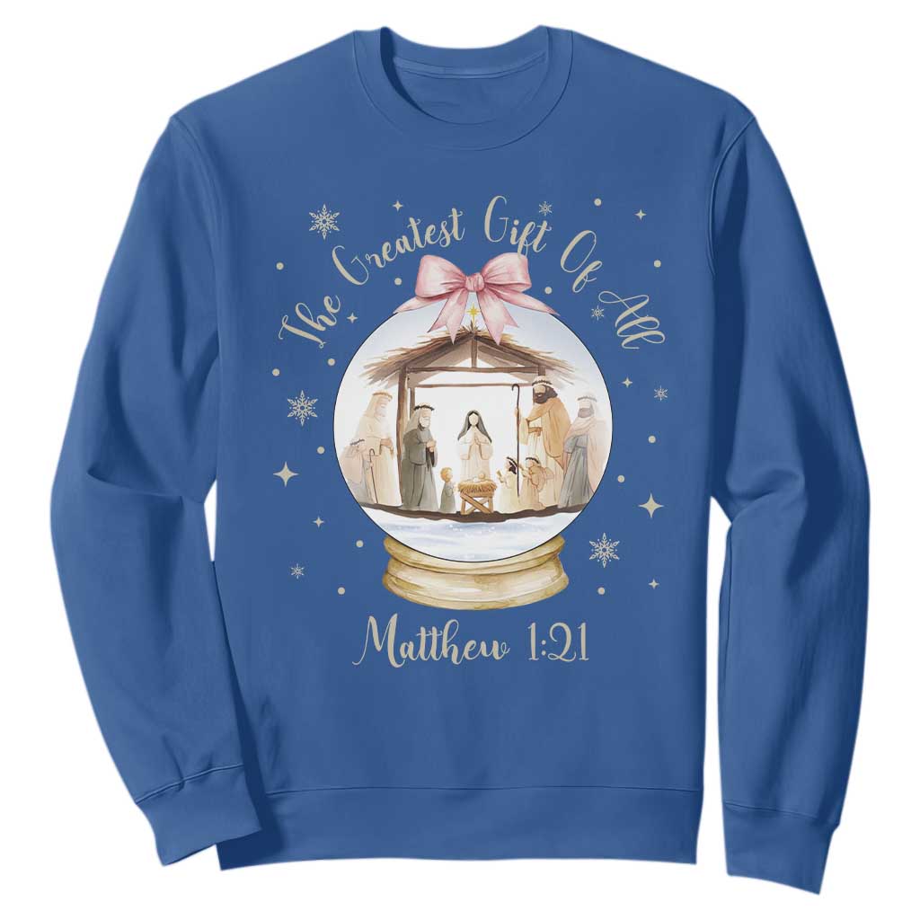 Nativity Scene Christmas Sweatshirt The Greatest Gift of All Christian Coquette Bow Matthew 1:21 TS10 Royal Blue Print Your Wear