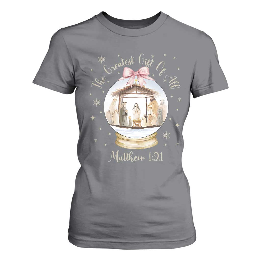 Nativity Scene Christmas T Shirt For Women The Greatest Gift of All Christian Coquette Bow Matthew 1:21 TS10 Charcoal Print Your Wear