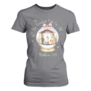Nativity Scene Christmas T Shirt For Women The Greatest Gift of All Christian Coquette Bow Matthew 1:21 TS10 Charcoal Print Your Wear
