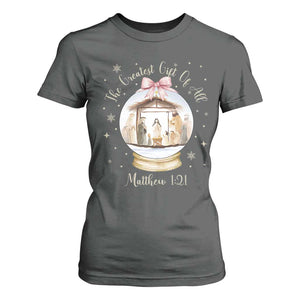 Nativity Scene Christmas T Shirt For Women The Greatest Gift of All Christian Coquette Bow Matthew 1:21 TS10 Dark Heather Print Your Wear
