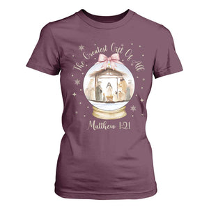 Nativity Scene Christmas T Shirt For Women The Greatest Gift of All Christian Coquette Bow Matthew 1:21 TS10 Maroon Print Your Wear