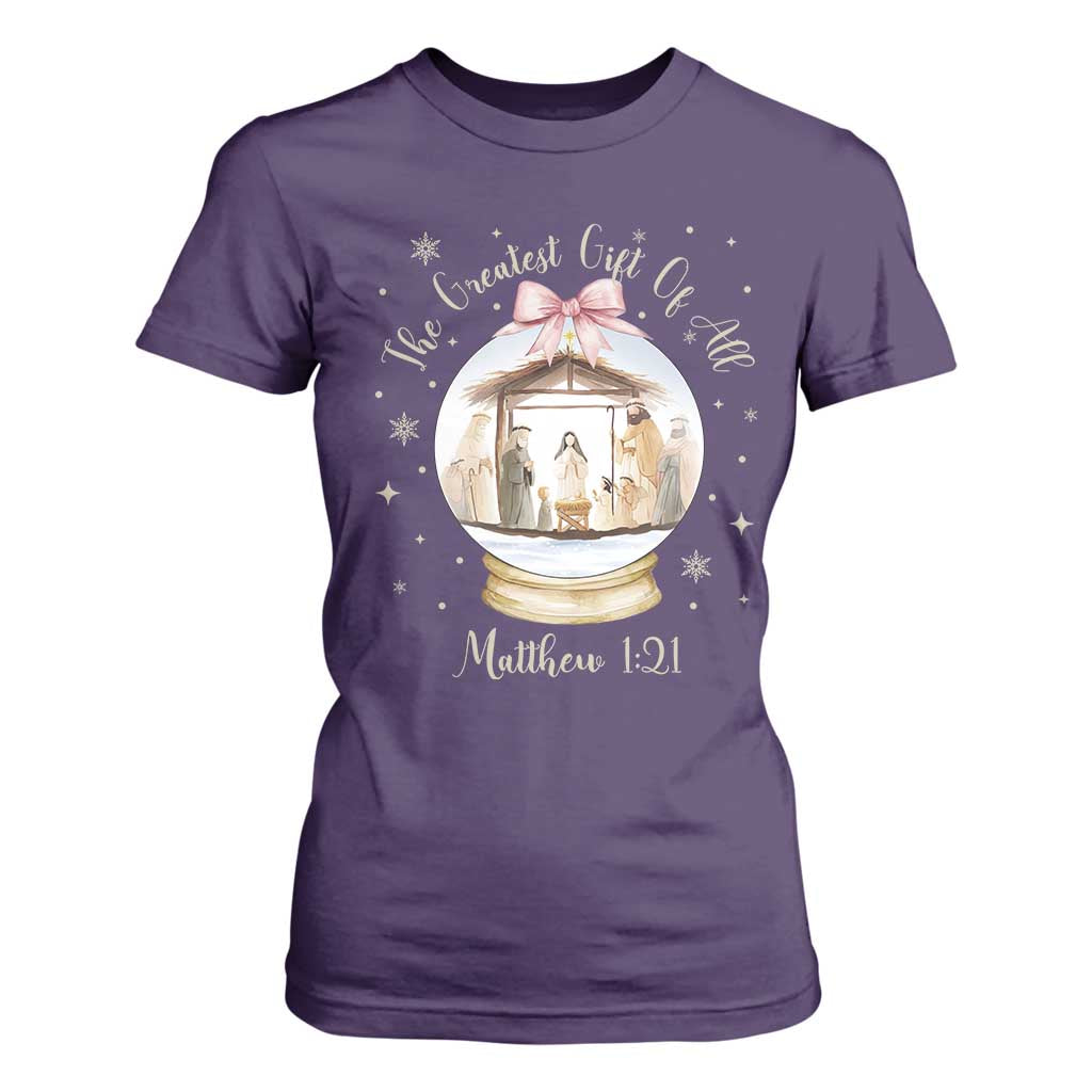 Nativity Scene Christmas T Shirt For Women The Greatest Gift of All Christian Coquette Bow Matthew 1:21 TS10 Purple Print Your Wear