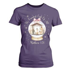 Nativity Scene Christmas T Shirt For Women The Greatest Gift of All Christian Coquette Bow Matthew 1:21 TS10 Purple Print Your Wear