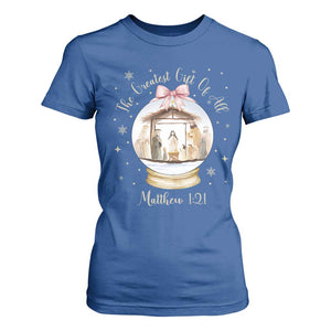 Nativity Scene Christmas T Shirt For Women The Greatest Gift of All Christian Coquette Bow Matthew 1:21 TS10 Royal Blue Print Your Wear