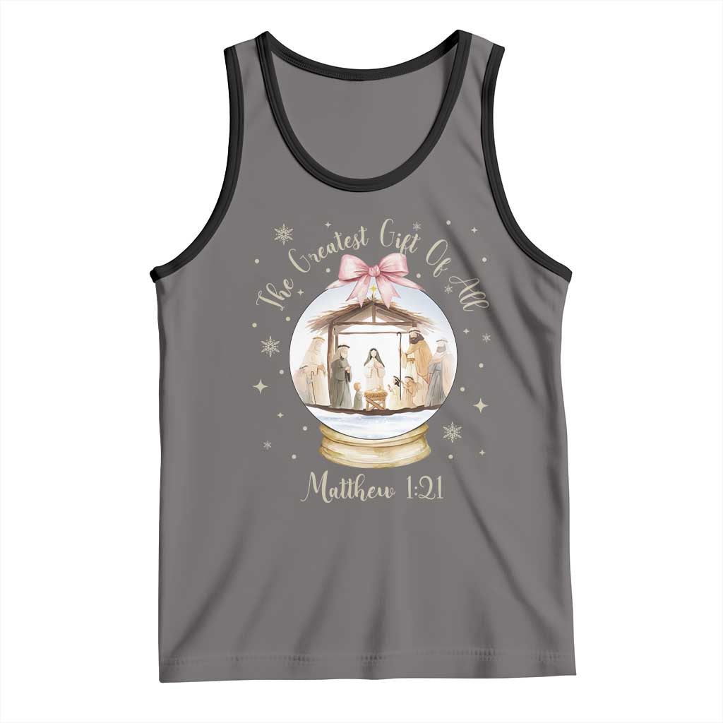 Nativity Scene Christmas Tank Top The Greatest Gift of All Christian Coquette Bow Matthew 1:21 TS10 Deep Heather Black Print Your Wear