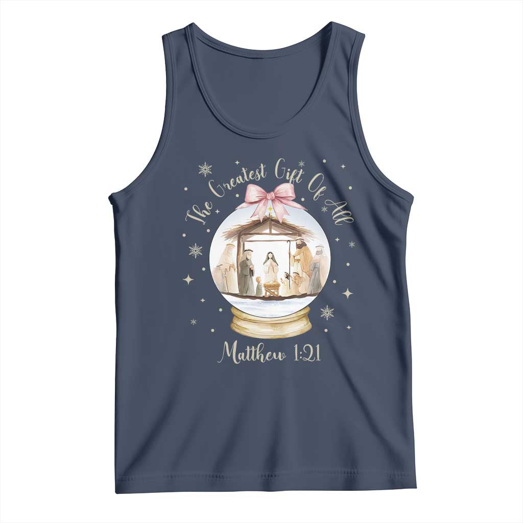 Nativity Scene Christmas Tank Top The Greatest Gift of All Christian Coquette Bow Matthew 1:21 TS10 Navy Print Your Wear
