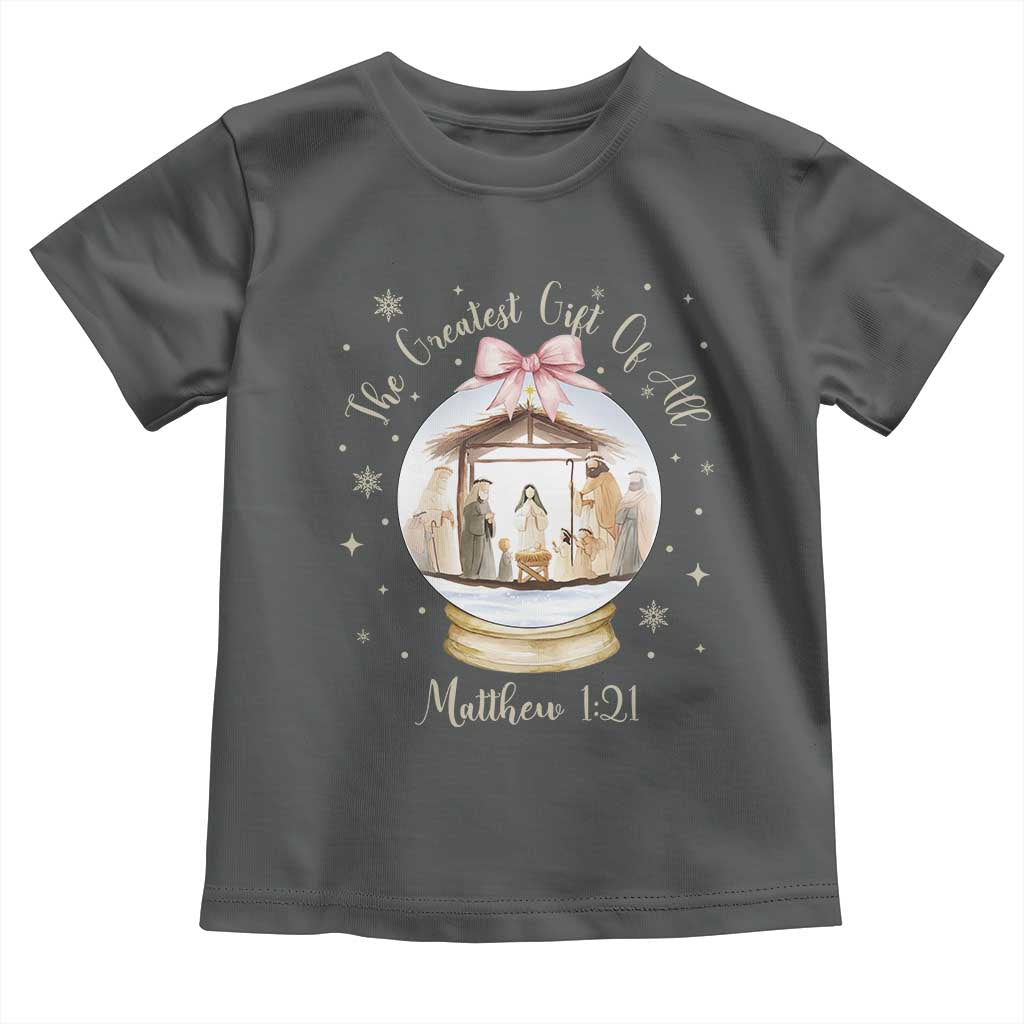 Nativity Scene Christmas Toddler T Shirt The Greatest Gift of All Christian Coquette Bow Matthew 1:21 TS10 Dark Heather Print Your Wear