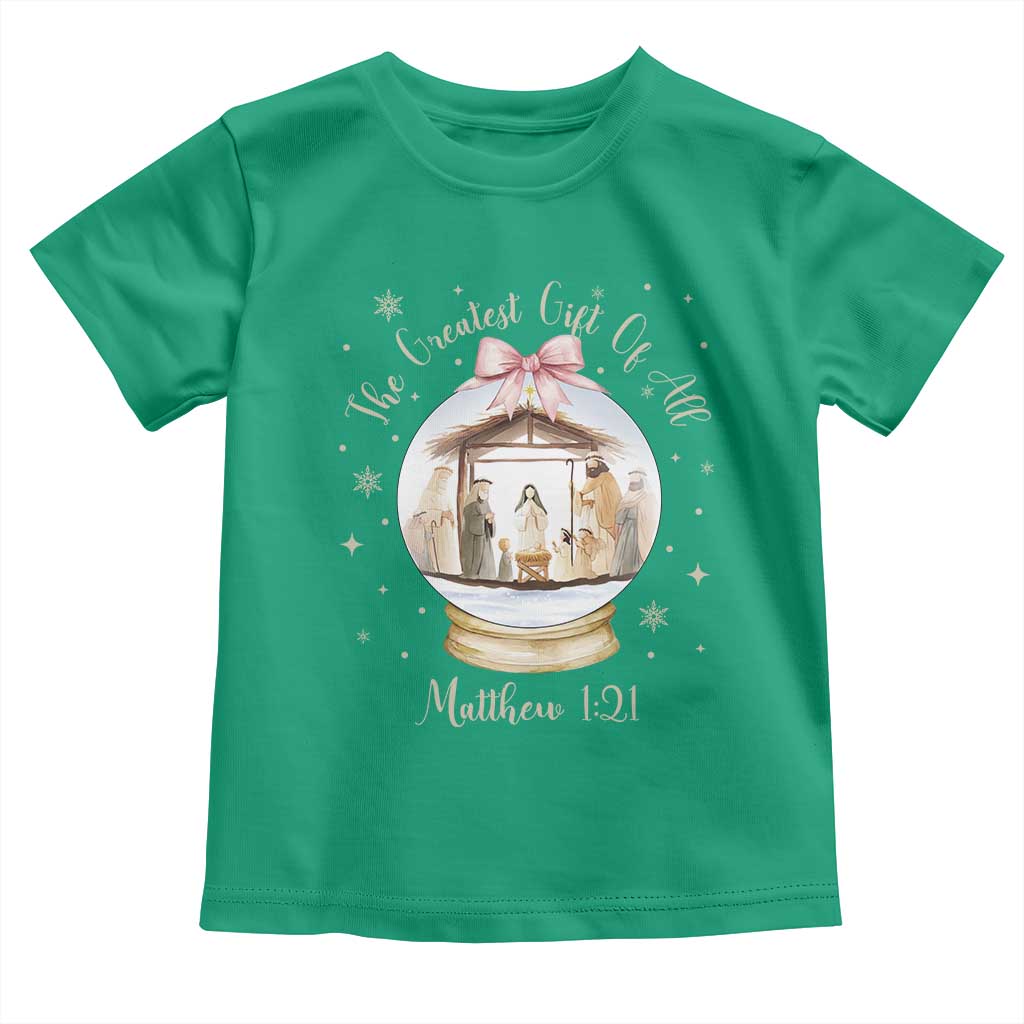 Nativity Scene Christmas Toddler T Shirt The Greatest Gift of All Christian Coquette Bow Matthew 1:21 TS10 Irish Green Print Your Wear