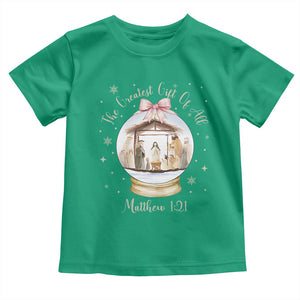 Nativity Scene Christmas Toddler T Shirt The Greatest Gift of All Christian Coquette Bow Matthew 1:21 TS10 Irish Green Print Your Wear