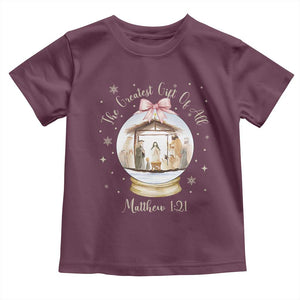 Nativity Scene Christmas Toddler T Shirt The Greatest Gift of All Christian Coquette Bow Matthew 1:21 TS10 Maroon Print Your Wear