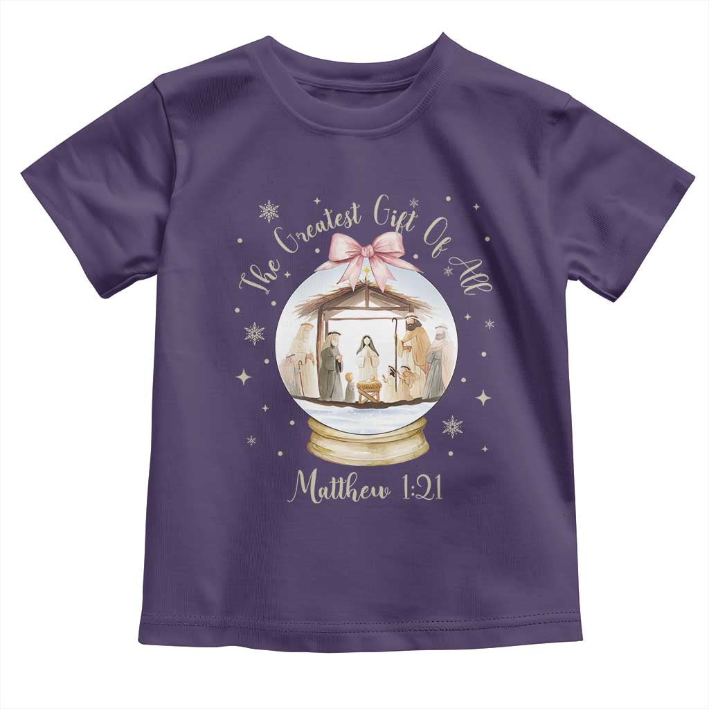 Nativity Scene Christmas Toddler T Shirt The Greatest Gift of All Christian Coquette Bow Matthew 1:21 TS10 Purple Print Your Wear