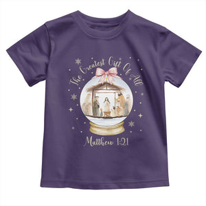 Nativity Scene Christmas Toddler T Shirt The Greatest Gift of All Christian Coquette Bow Matthew 1:21 TS10 Purple Print Your Wear
