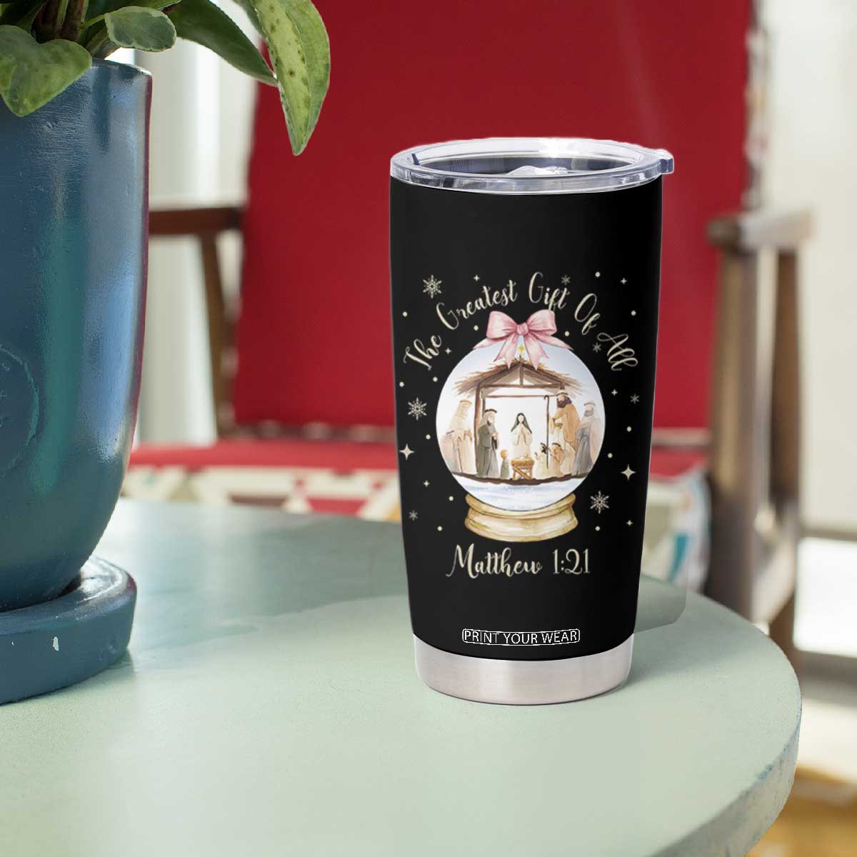 Nativity Scene Christmas Tumbler Cup The Greatest Gift of All Christian Coquette Bow Matthew 1:21 TS10 Print Your Wear