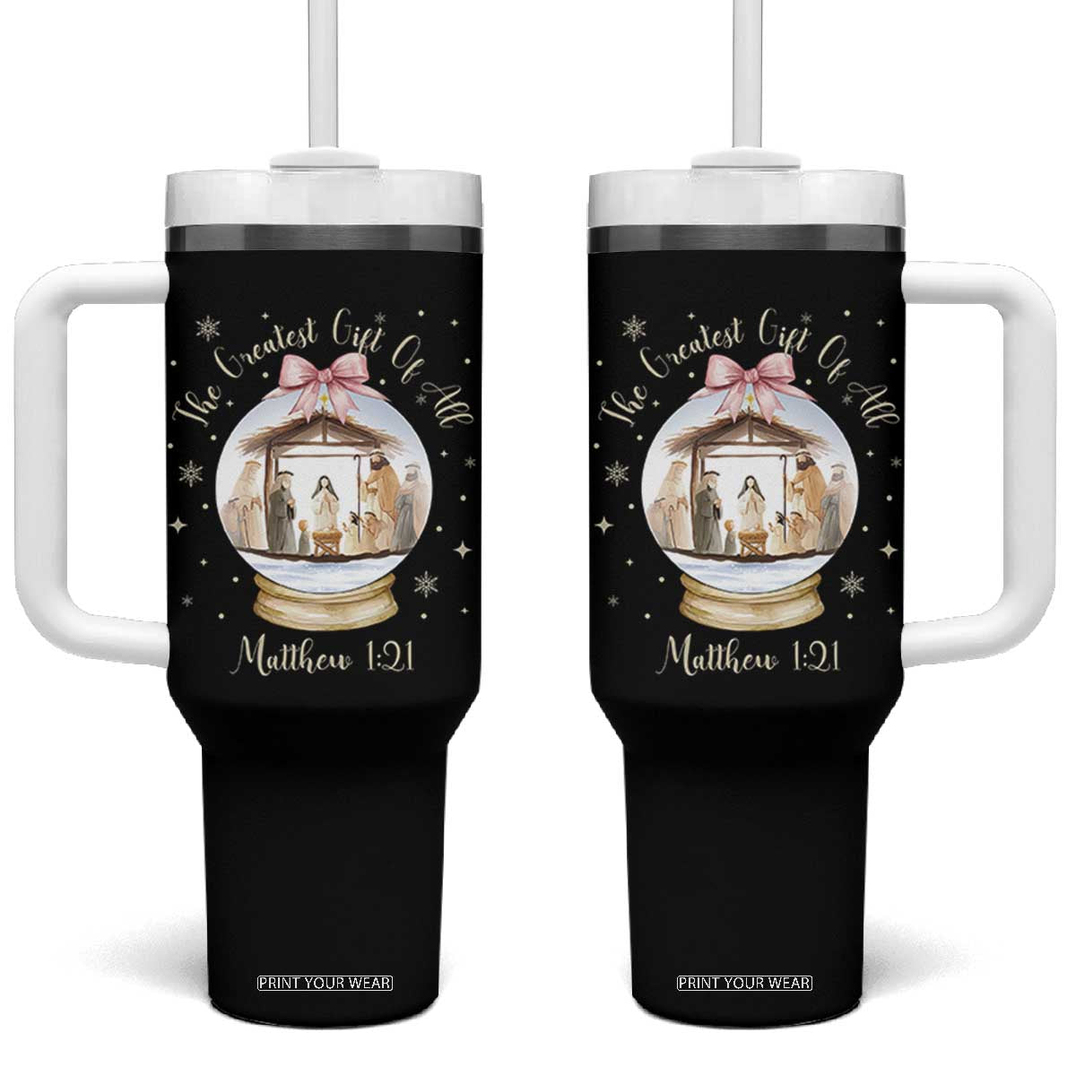 Nativity Scene Christmas Tumbler With Handle The Greatest Gift of All Christian Coquette Bow Matthew 1:21 TS10 One Size: 40 oz Black Print Your Wear