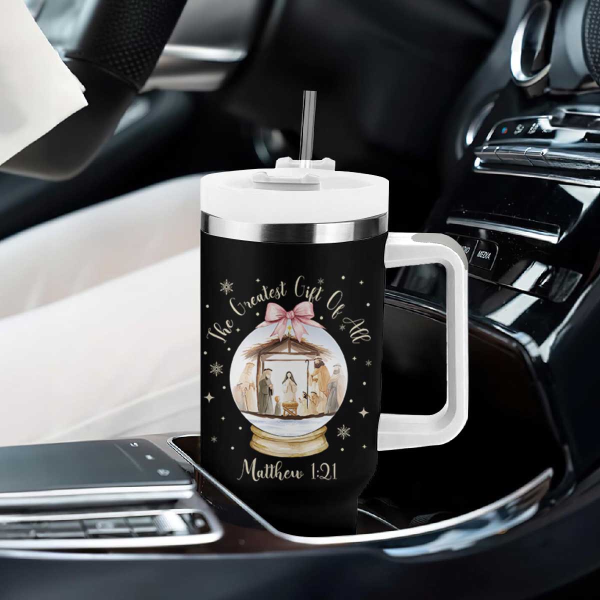 Nativity Scene Christmas Tumbler With Handle The Greatest Gift of All Christian Coquette Bow Matthew 1:21 TS10 Print Your Wear