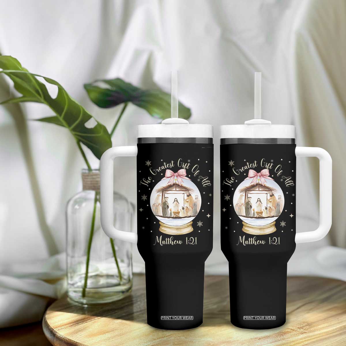 Nativity Scene Christmas Tumbler With Handle The Greatest Gift of All Christian Coquette Bow Matthew 1:21 TS10 Print Your Wear