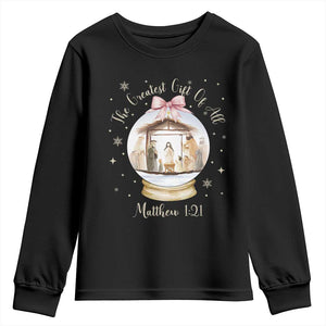 Nativity Scene Christmas Youth Sweatshirt The Greatest Gift of All Christian Coquette Bow Matthew 1:21 TS10 Black Print Your Wear