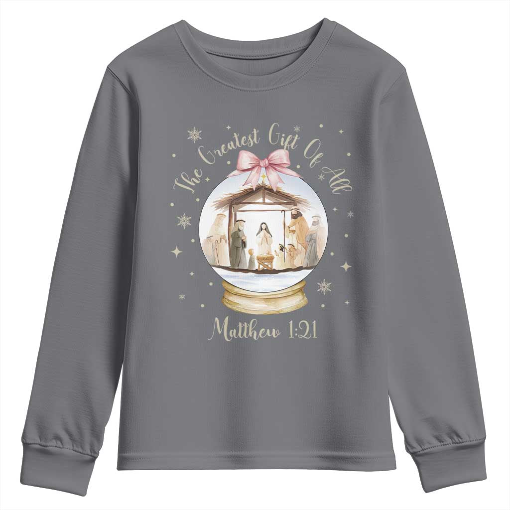 Nativity Scene Christmas Youth Sweatshirt The Greatest Gift of All Christian Coquette Bow Matthew 1:21 TS10 Charcoal Print Your Wear