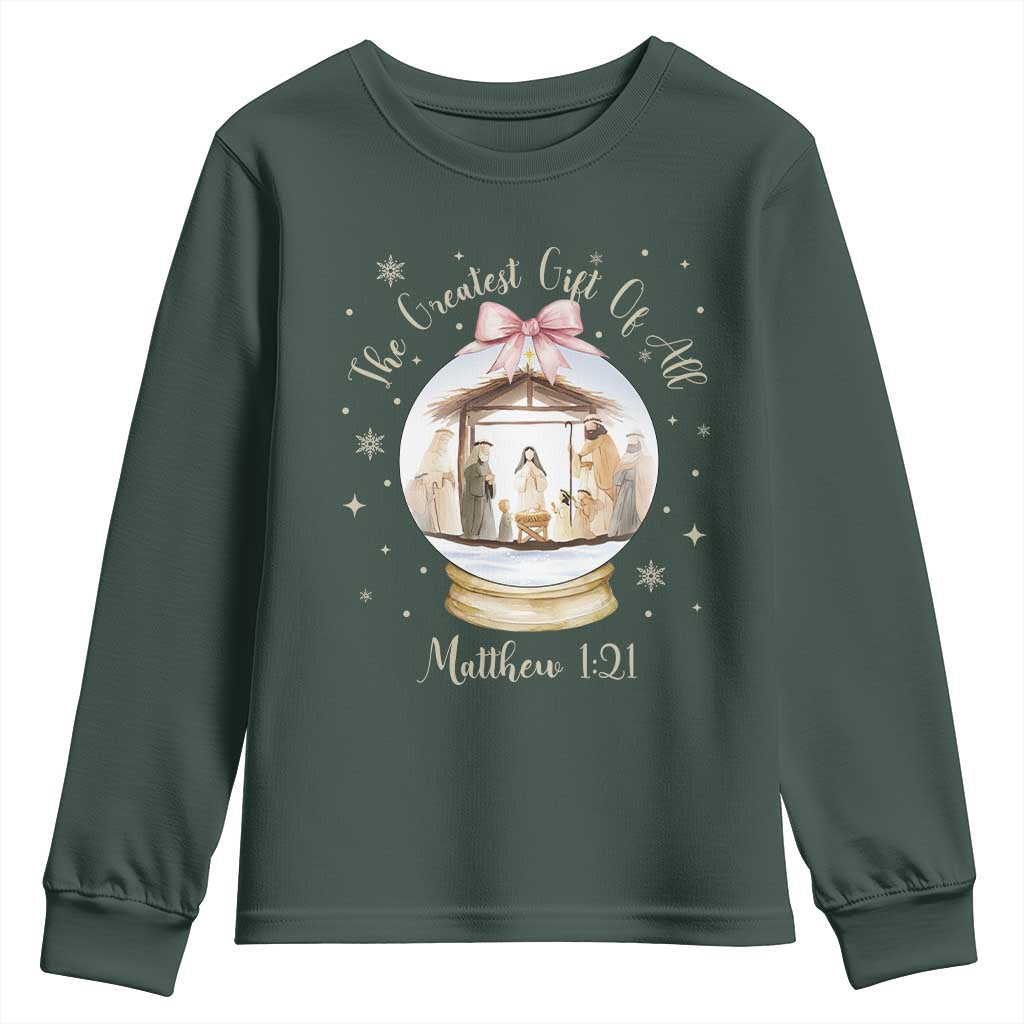 Nativity Scene Christmas Youth Sweatshirt The Greatest Gift of All Christian Coquette Bow Matthew 1:21 TS10 Dark Forest Green Print Your Wear