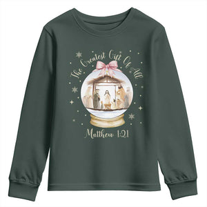 Nativity Scene Christmas Youth Sweatshirt The Greatest Gift of All Christian Coquette Bow Matthew 1:21 TS10 Dark Forest Green Print Your Wear