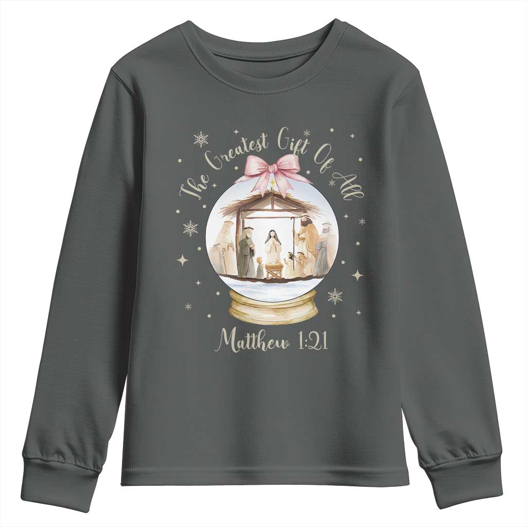 Nativity Scene Christmas Youth Sweatshirt The Greatest Gift of All Christian Coquette Bow Matthew 1:21 TS10 Dark Heather Print Your Wear