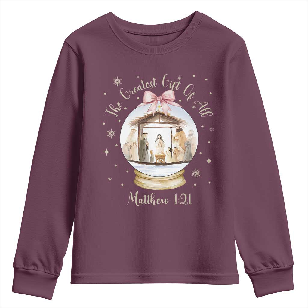 Nativity Scene Christmas Youth Sweatshirt The Greatest Gift of All Christian Coquette Bow Matthew 1:21 TS10 Maroon Print Your Wear