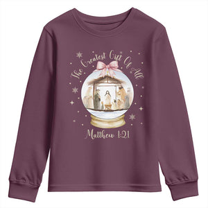 Nativity Scene Christmas Youth Sweatshirt The Greatest Gift of All Christian Coquette Bow Matthew 1:21 TS10 Maroon Print Your Wear