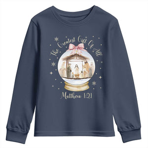 Nativity Scene Christmas Youth Sweatshirt The Greatest Gift of All Christian Coquette Bow Matthew 1:21 TS10 Navy Print Your Wear