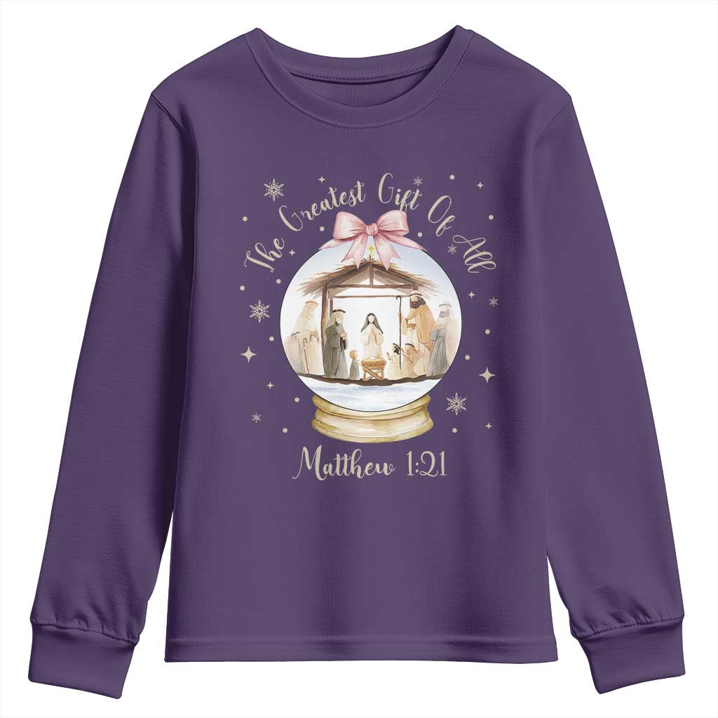 Nativity Scene Christmas Youth Sweatshirt The Greatest Gift of All Christian Coquette Bow Matthew 1:21 TS10 Purple Print Your Wear