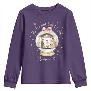 Nativity Scene Christmas Youth Sweatshirt The Greatest Gift of All Christian Coquette Bow Matthew 1:21 TS10 Purple Print Your Wear