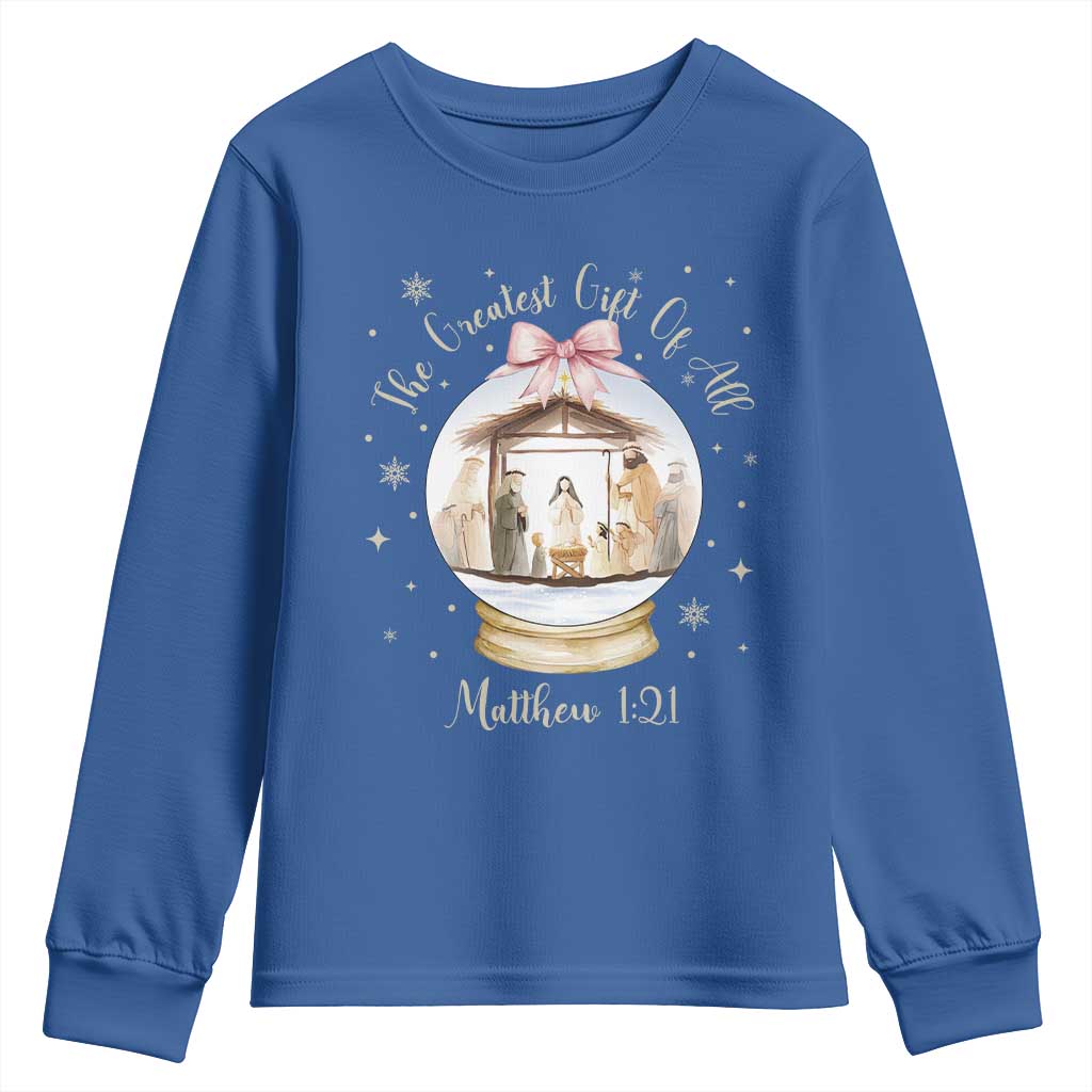 Nativity Scene Christmas Youth Sweatshirt The Greatest Gift of All Christian Coquette Bow Matthew 1:21 TS10 Royal Blue Print Your Wear