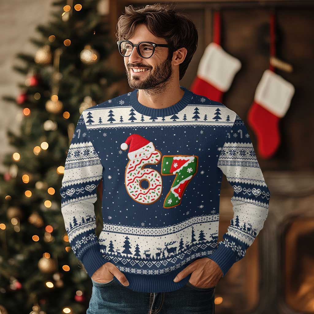 67 Xmas Ugly Christmas Sweater Funny Six Seven 6 7 Meme Pajamas Gen Alpha Slang TS10 Navy Beige Print Your Wear