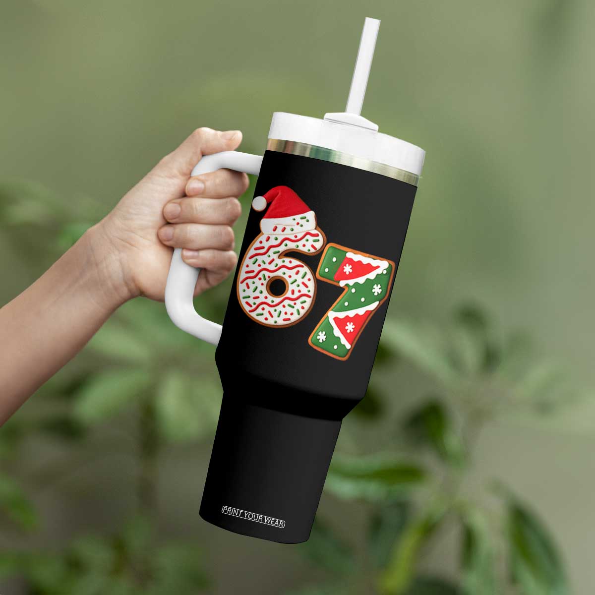 67 Christmas Tumbler With Handle Funny Six Seven 6 7 Meme Pajamas Gen Alpha Slang TS10 Print Your Wear
