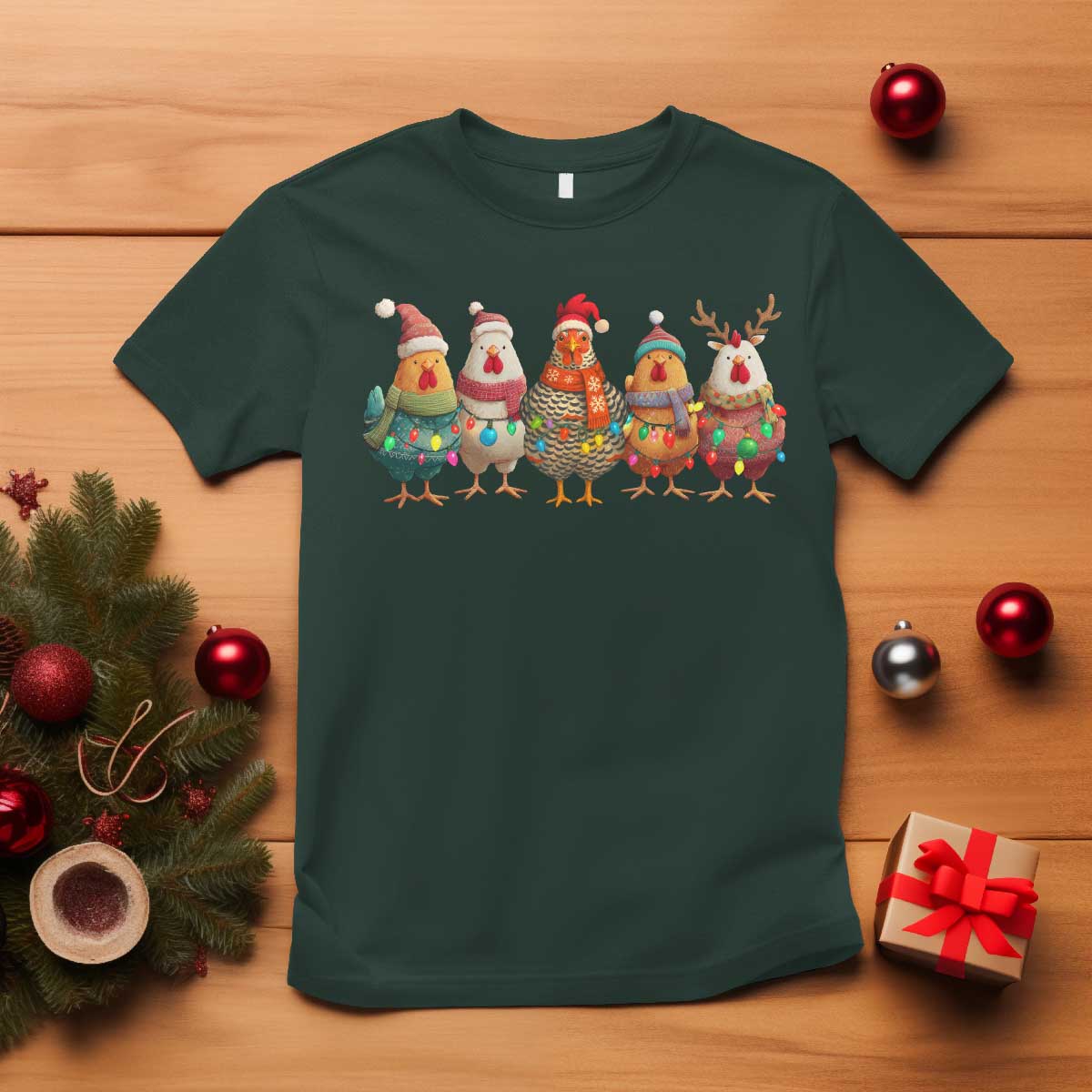 Funny Christmas Chicken T Shirt Funny Xmas Chickens Animals Farm Lover Gift TS10 Dark Forest Green Print Your Wear