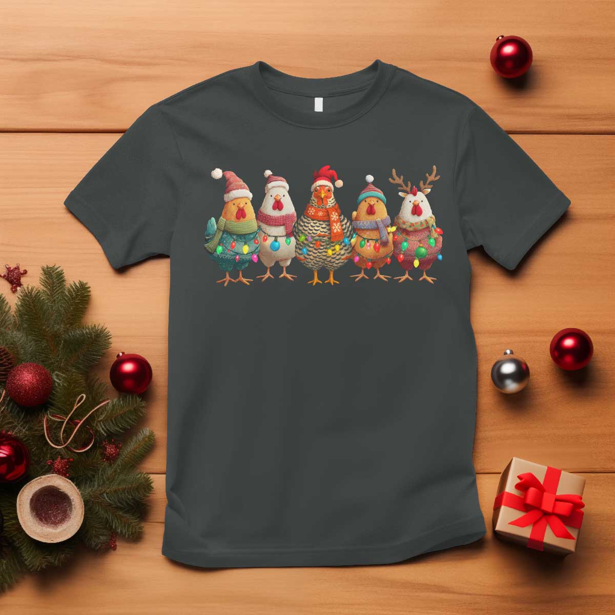 Funny Christmas Chicken T Shirt Funny Xmas Chickens Animals Farm Lover Gift TS10 Dark Heather Print Your Wear