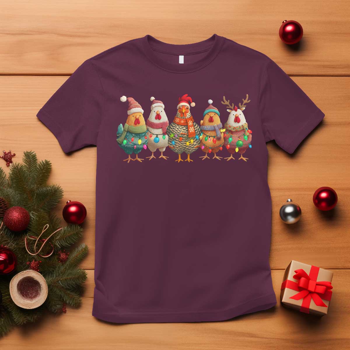 Funny Christmas Chicken T Shirt Funny Xmas Chickens Animals Farm Lover Gift TS10 Maroon Print Your Wear