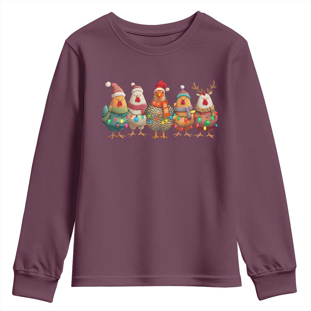 Funny Christmas Chicken Youth Sweatshirt Funny Xmas Chickens Animals Farm Lover Gift TS10 Maroon Print Your Wear