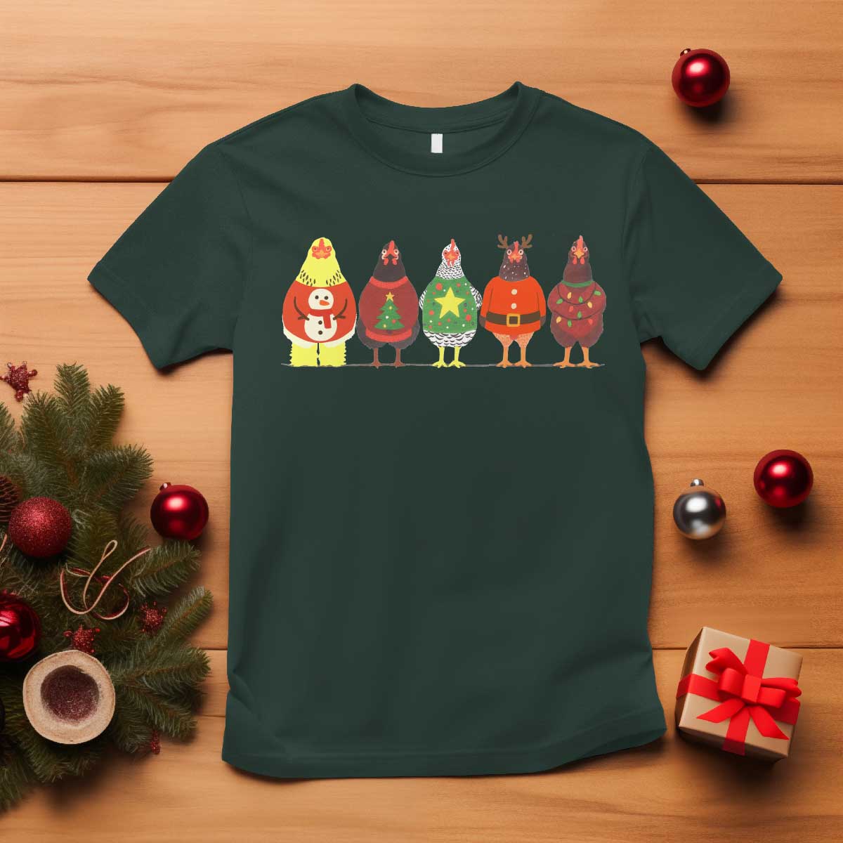 Сute Christmas Chickens T Shirt Funny Xmas Chickens Farm Animals Lover Gift TS10 Dark Forest Green Print Your Wear