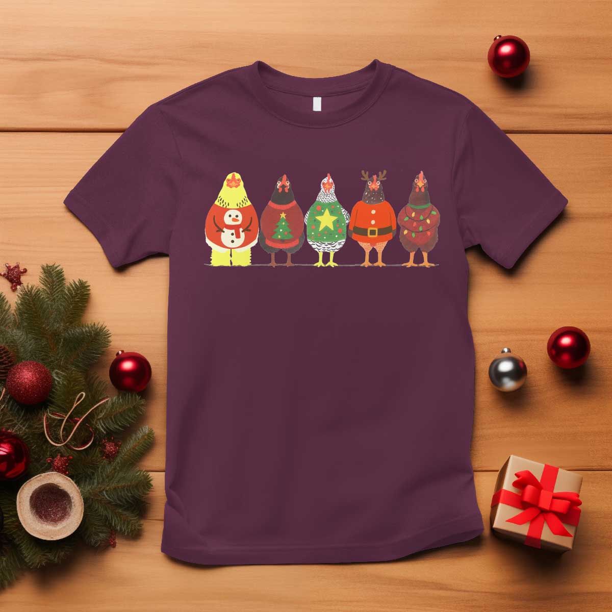 Сute Christmas Chickens T Shirt Funny Xmas Chickens Farm Animals Lover Gift TS10 Maroon Print Your Wear