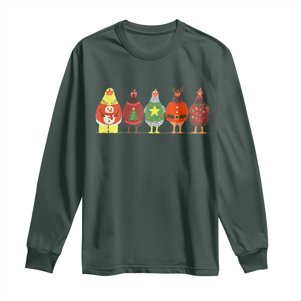Сute Christmas Chickens Long Sleeve Shirt Funny Xmas Chickens Farm Animals Lover Gift TS10 Dark Forest Green Print Your Wear