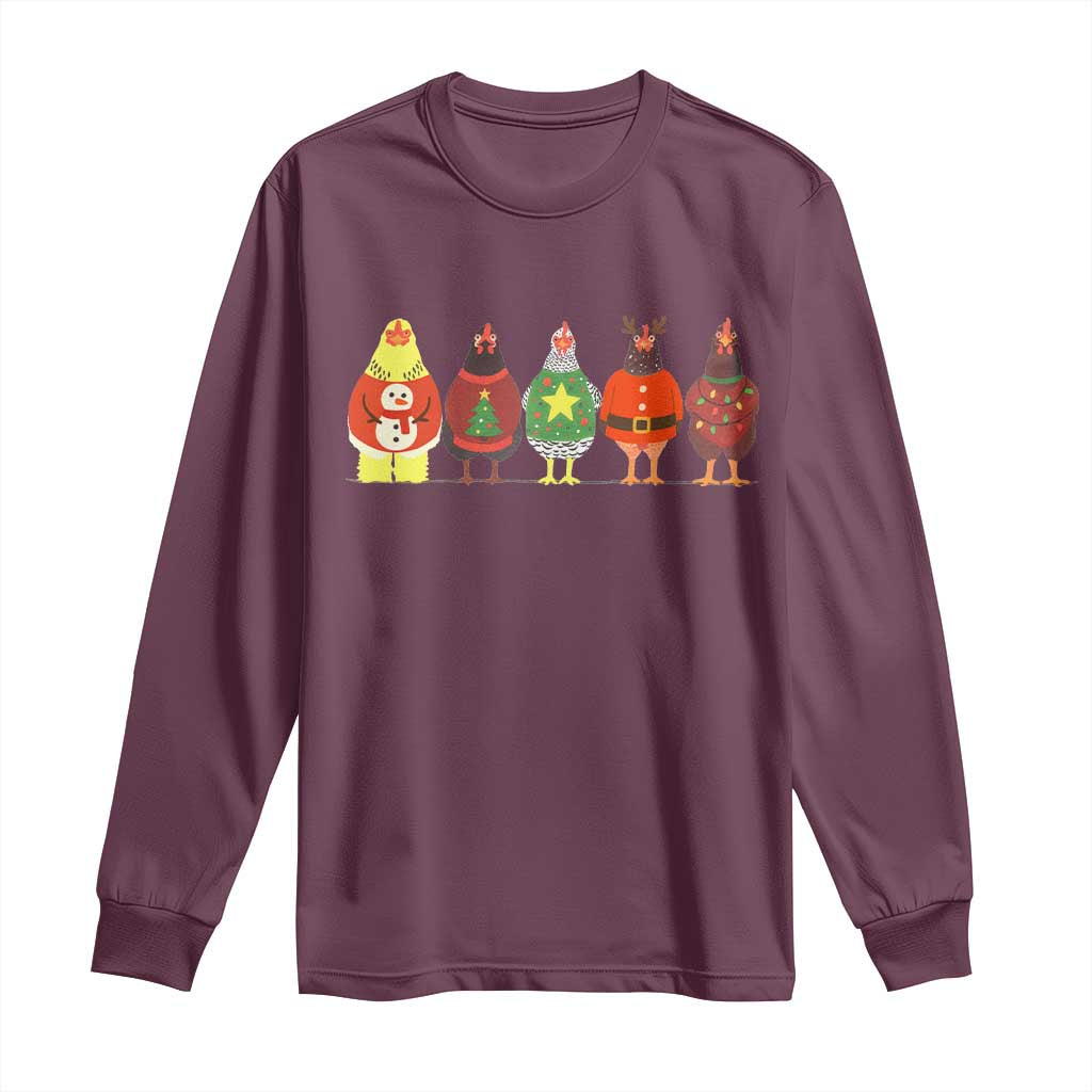 Сute Christmas Chickens Long Sleeve Shirt Funny Xmas Chickens Farm Animals Lover Gift TS10 Maroon Print Your Wear