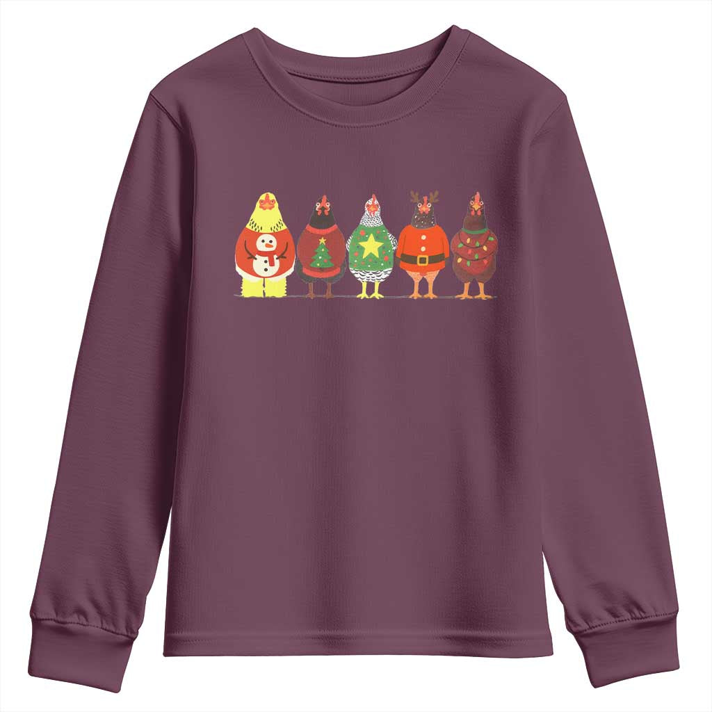 Сute Christmas Chickens Youth Sweatshirt Funny Xmas Chickens Farm Animals Lover Gift TS10 Maroon Print Your Wear
