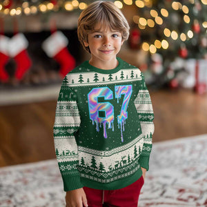 Baseball Drip Number 67 Player Ugly Christmas Sweater Funny Six Seven Meme 67th Birthday Holographic Dripping TS10 Forest Green Beige Print Your Wear