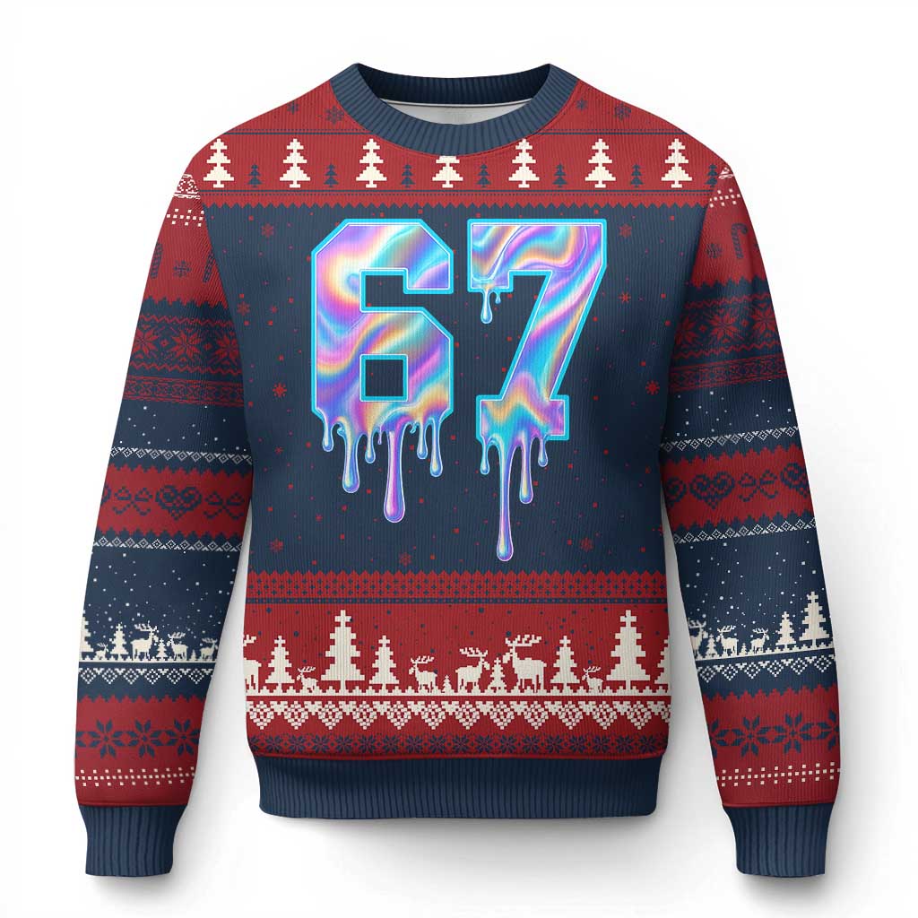 Baseball Drip Number 67 Player Ugly Christmas Sweater Funny Six Seven Meme 67th Birthday Holographic Dripping TS10 Navy Red Print Your Wear