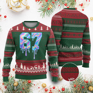 Baseball Drip Number 67 Player Ugly Christmas Sweater Funny Six Seven Meme 67th Birthday Holographic Dripping TS10 Red Green Print Your Wear