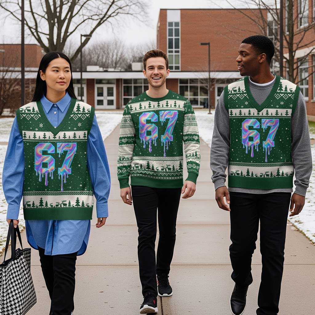 Baseball Drip Number 67 Player V-Neck Knit Sweater Vest Funny Six Seven Meme 67th Birthday Holographic Dripping TS10 Forest Green Beige Print Your Wear