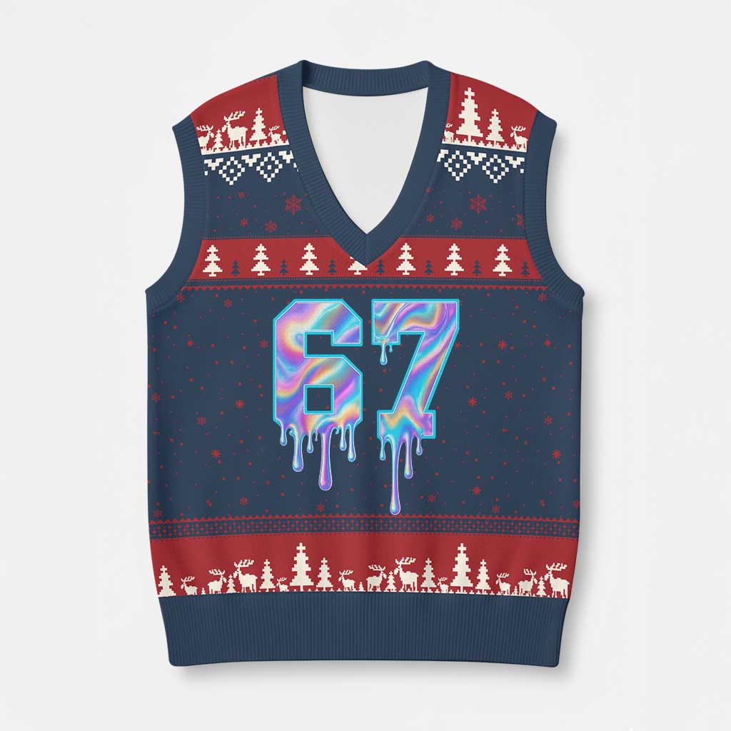 Baseball Drip Number 67 Player V-Neck Knit Sweater Vest Funny Six Seven Meme 67th Birthday Holographic Dripping TS10 Navy Red Print Your Wear