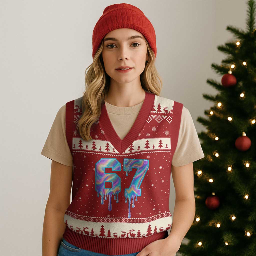 Baseball Drip Number 67 Player V-Neck Knit Sweater Vest Funny Six Seven Meme 67th Birthday Holographic Dripping TS10 Red Beige Print Your Wear